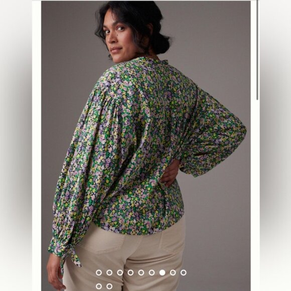 Anthropologie Maeve Ashleigh Floral Puff Sleeved Ties Button Down Oversize Top L - Picture 16 of 16